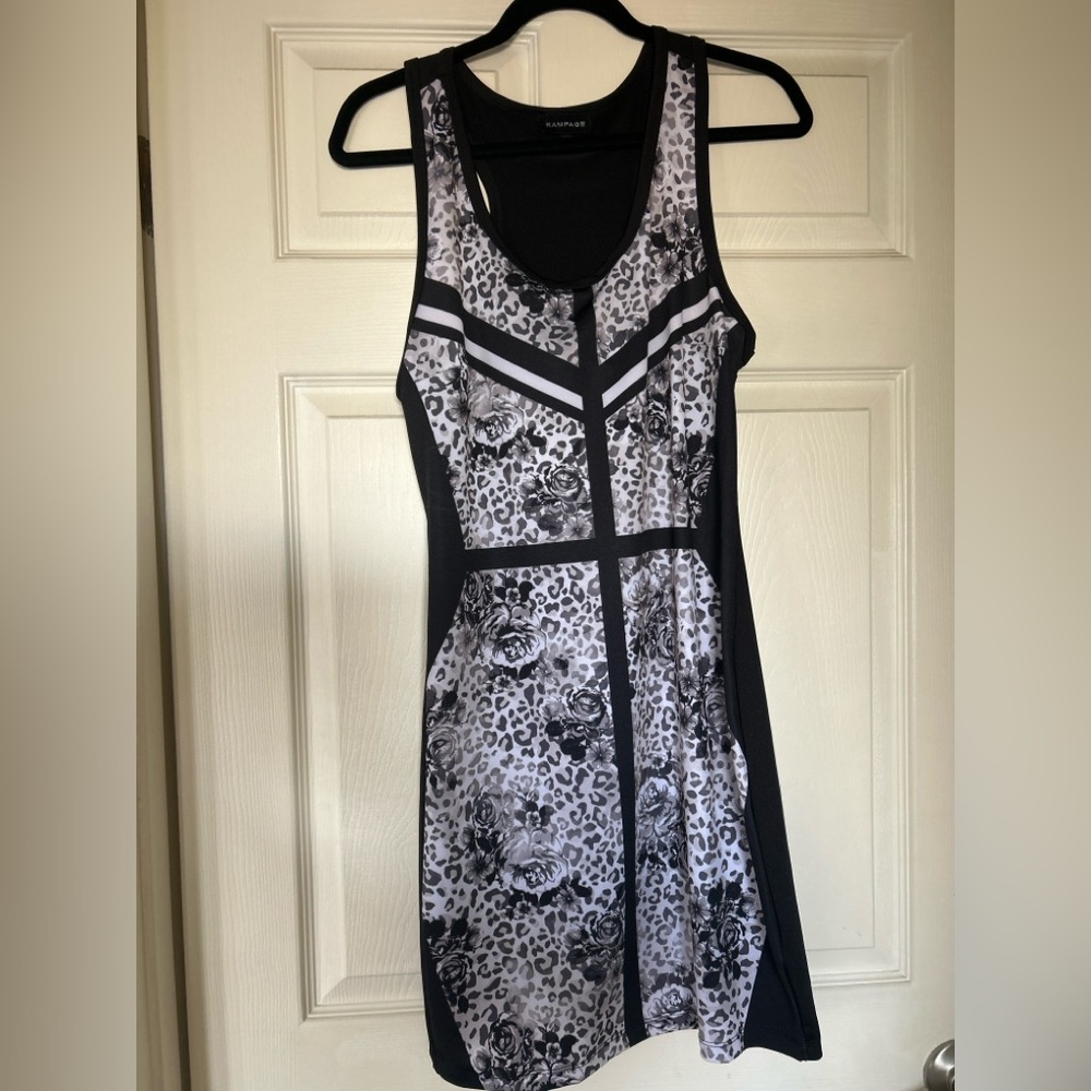 Rampage Black/Gray leopard/floral pull-on Mini Dress, NWOT,